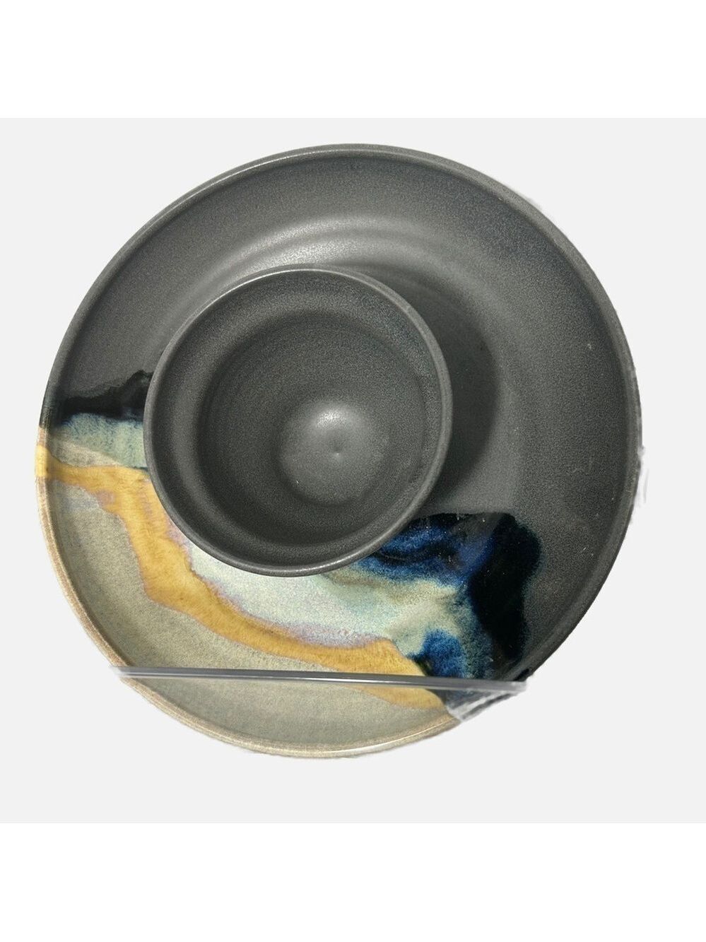 Hand Thrown Studio Pottery Signed Snack Dip Bowl Avery Studio 9.5x2.75 Gray Blue